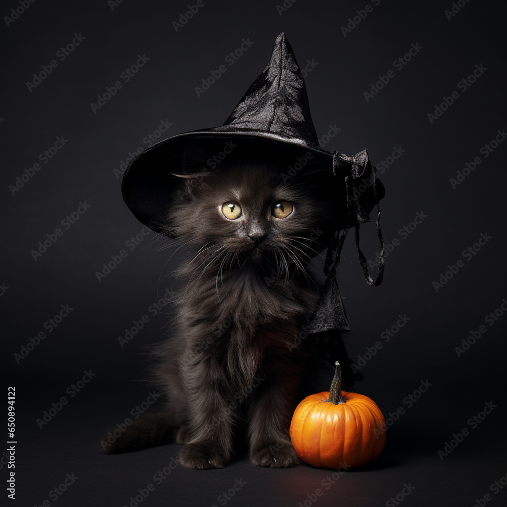 Fotografia con detalle de gato de color negro con sombrero de brujo y fondo de color oscuro Fotografia con detalle de gato de color negro con sombrero de brujo y fondo de color oscuro