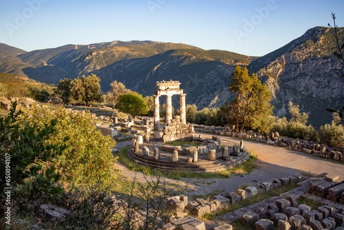 Image features the Temple of Artemis in Delphi, ruins of ancient Greece