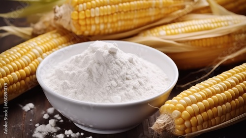 Corn starch in bowl with with ripe cobs and kernels on table. photo