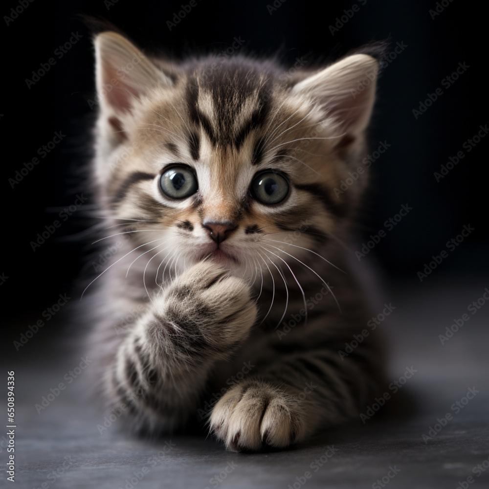 Obraz premium Fotografia de pequeño gatito de color gris apoyando su cabeza en una pata, con pose pensativa