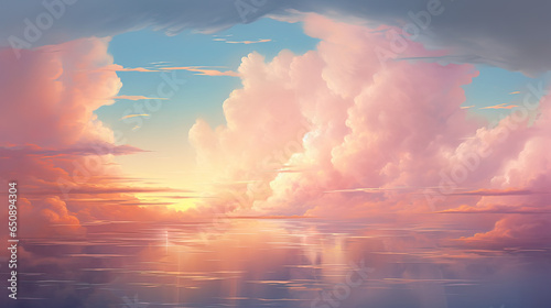 Dreamy cloudscape  where cotton-candy clouds meld with the hues of a setting sun. AI generative