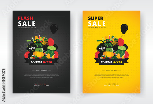 Poster, flyer or leaflet template with a design of grocery items. Suitable for black friday, clearance or any other kind of sales event in a supermarket or grocery store