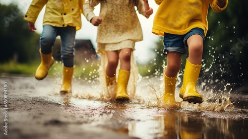 several children in yellow rain boots jumping