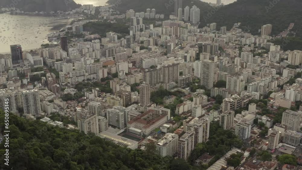 Aerial overhead view of Botafogo neighborhood cityscape and Guanabara Bay at sunset in Rio de Janeiro, Brazil Aerial overhead view of Botafogo neighborhood cityscape and Guanabara Bay at sunset in Rio de Janeiro, Brazil