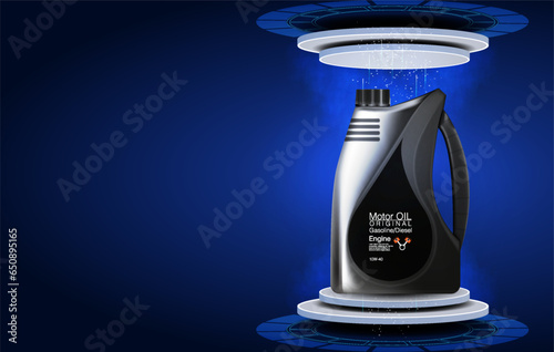 Motor oil canisters and car oil isolated on white background. Auto service and car maintenance concept. Engine oil advertisement background. 3d illustration	
