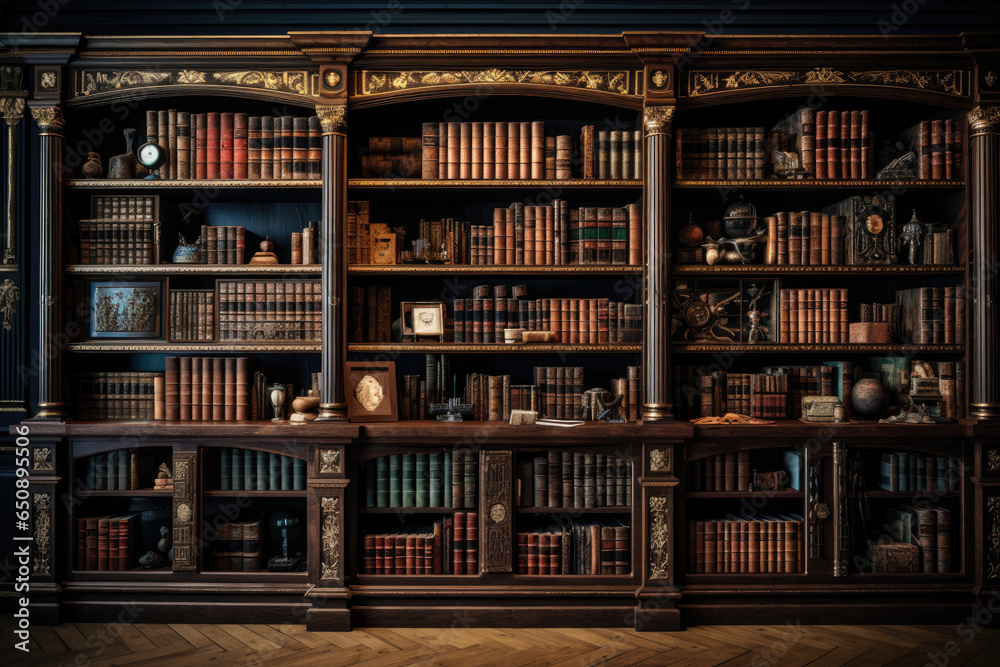 A library archive with shelves filled with rare editions of classical works. Generative Ai.