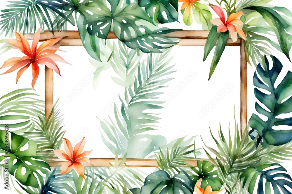 Watercolor of a frame tropical plants around on white background.