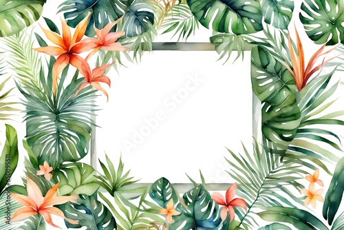 Watercolor of a frame tropical plants around on white background.