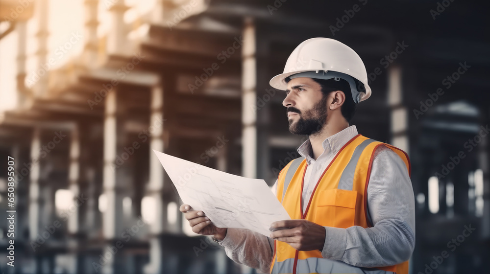 Building contractors analyzing blueprint at construction site. Building contractors analyzing blueprint at construction site.