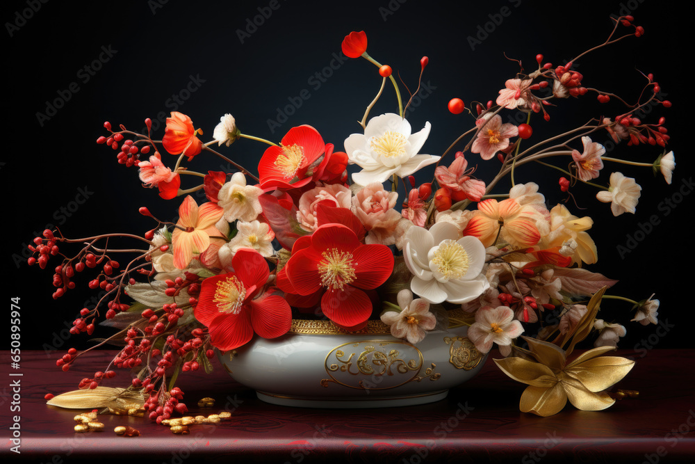 A traditional Chinese New Year floral arrangement with blooming flowers. Generative Ai.