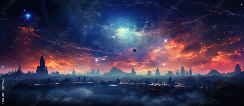 Cosmic landscape with endless deep space a beautiful science fiction wallpaper featuring a panoramic view of the universe Elements provided by NASA