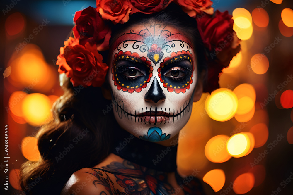 Portrait of a girl with sugar skull makeup.  Day of The Dead. Halloween