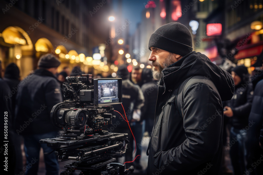 A filmmaker directing a scene on a bustling city street. Concept of cinematic creativity. Generative Ai.