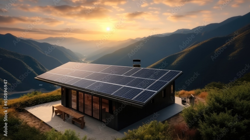 Home with rooftop solar panel system set on mountainous. - obrazy, fototapety, plakaty 