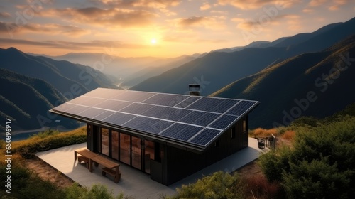 Home with rooftop solar panel system set on mountainous.