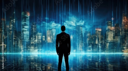 Businessman standing in cyberspace, Technology, big data and blockchain concept.