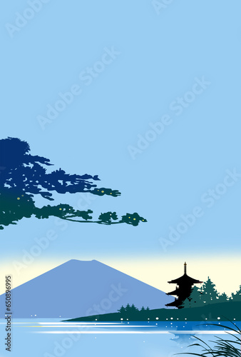 年賀素材風景、寺と富士山
