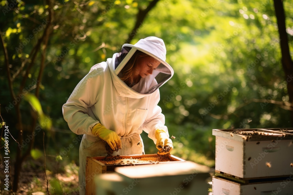 A beekeeper at work with bees and honey. A beekeeper at work with bees and honey.