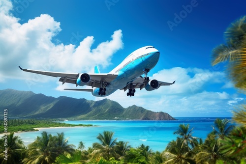 A big aircraft jet in the sky of a tropical island.