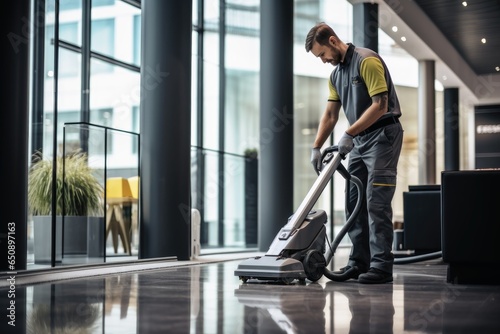 A building cleaner at work in an office building. photo