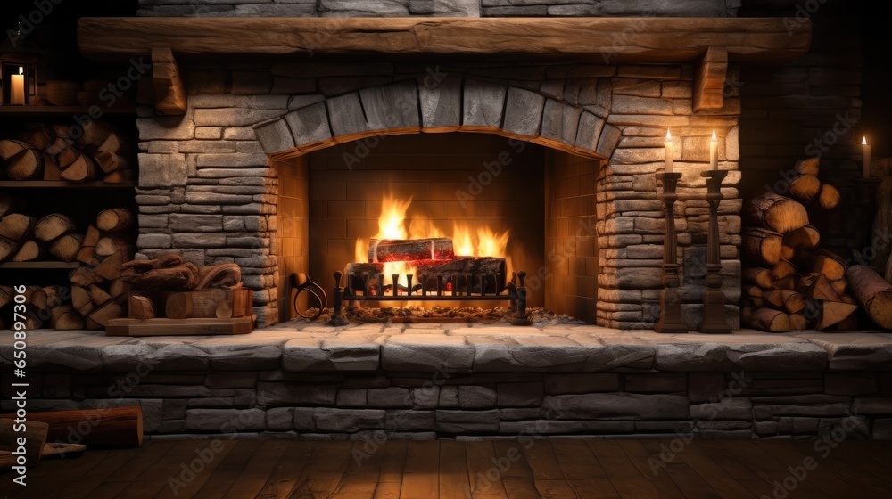 The fireplace in the house, Stone fireplace ablaze. Stock Photo Adobe