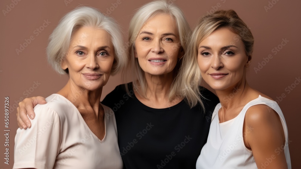 Portrait of three beautiful senior women with gray hairs isolated on brown background. Portrait of three beautiful senior women with gray hairs isolated on brown background.