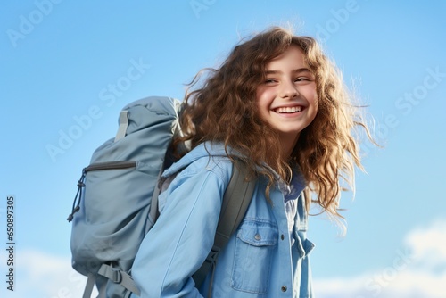 young cheerful female traveler dressed in blue on a blue background