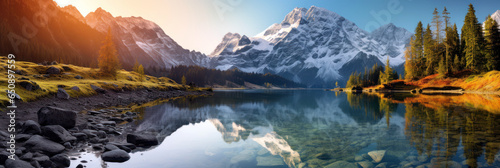 Breathtaking Landscape Photography Banner Featuring a Snow-Capped Mountain, Pristine Lake, and Stunning Reflection
