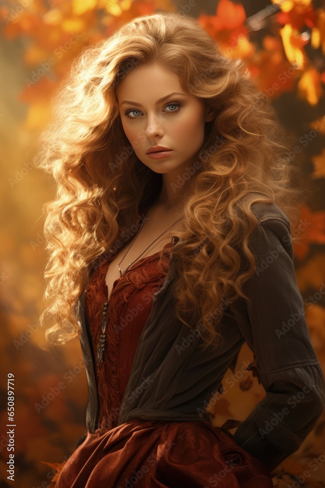 Autumn portrait of an attractive woman. Fall, the golden season of the year, falling leaves, romance, elegance, stylish clothes, presentable. Fashion trend, beautiful combination of colors.