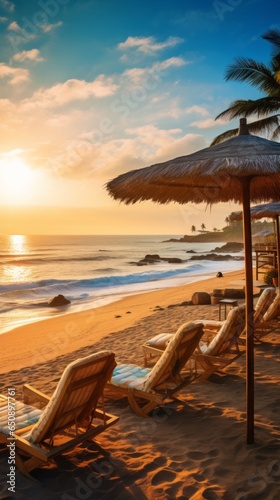 A breathtaking sunset on the beach with inviting lounge chairs and colorful umbrellas