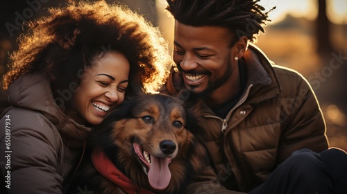 Black couple bonding with dogs at animal shelter.