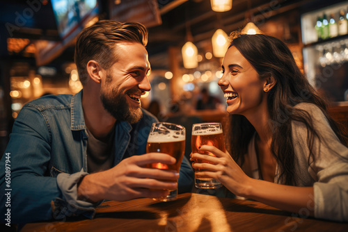 Couple toasting with two beers in a bar one night out, love and romance concept