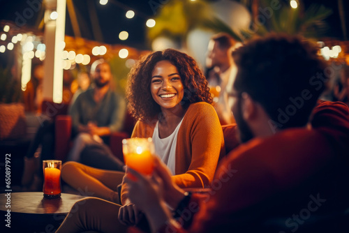 Group of friends laughing and enjoying drinks at outdoor bar during summer evening