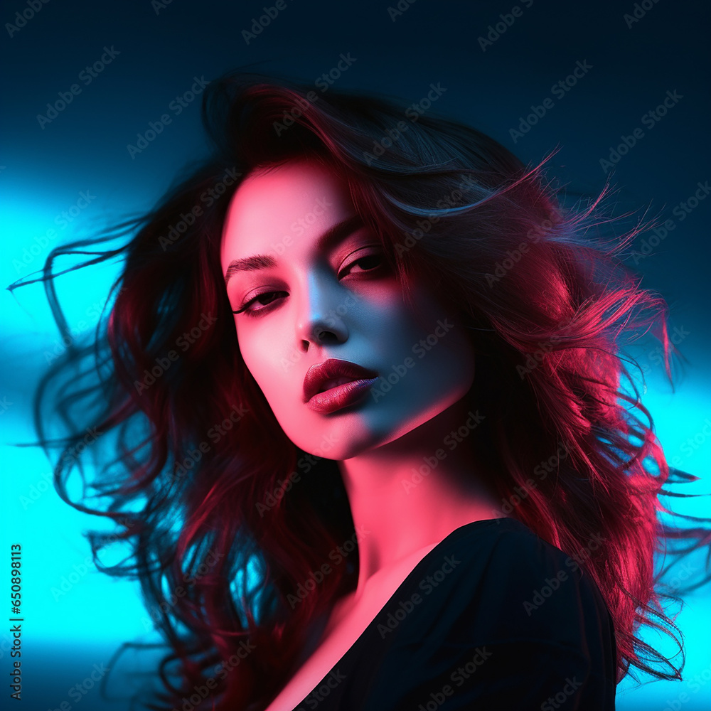A stylish lady with vibrant multitude of neon red blue color fashion accessories, takes center stage in a close-up portrait against a lively background. Generative AI. A stylish lady with vibrant multitude of neon red blue color fashion accessories, takes center stage in a close-up portrait against a lively background. Generative AI.