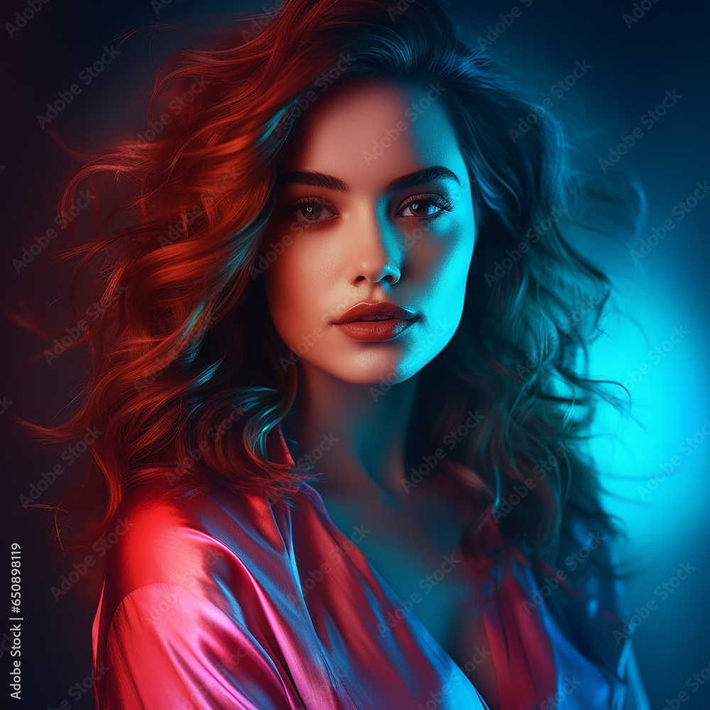 A stylish lady with vibrant multitude of neon red blue color fashion accessories, takes center stage in a close-up portrait against a lively background. Generative AI.