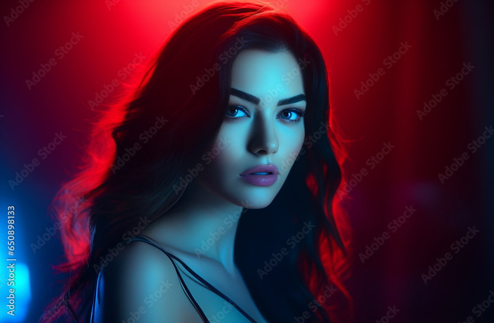 A stylish lady with vibrant multitude of neon red blue color fashion accessories, takes center stage in a close-up portrait against a lively background. Generative AI.