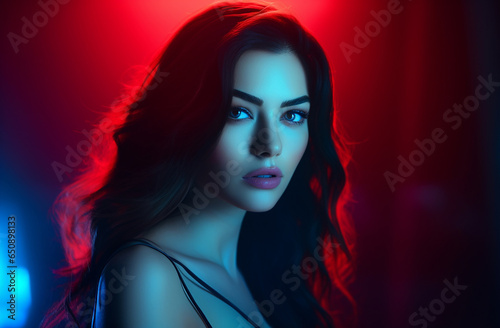 A stylish lady with vibrant multitude of neon red blue color fashion accessories  takes center stage in a close-up portrait against a lively background. Generative AI.