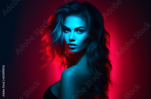 A stylish lady with vibrant multitude of neon red blue color fashion accessories, takes center stage in a close-up portrait against a lively background. Generative AI.