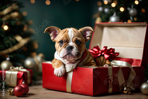 A small dog bulldog puppy in a half-unwrapped gift box for Christmas photo