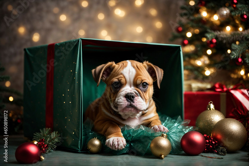 A small dog bulldog puppy in a half-unwrapped gift box for Christmas