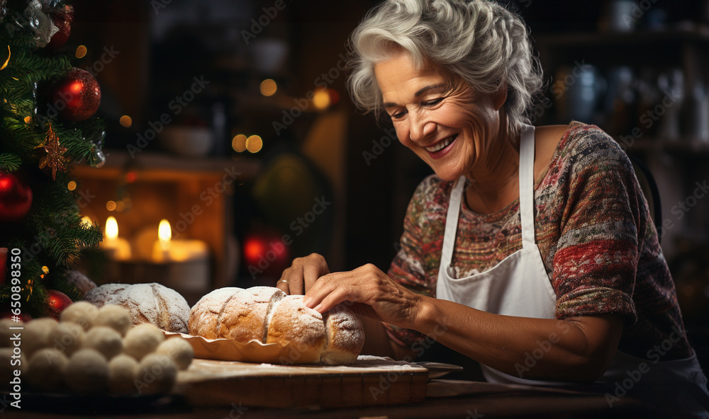 Happy elderly woman wearing her apron fixing her Christmas pastries in the kitchen - generative AI.