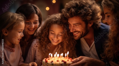 Child blowing out the candles on the birthday cake with his family