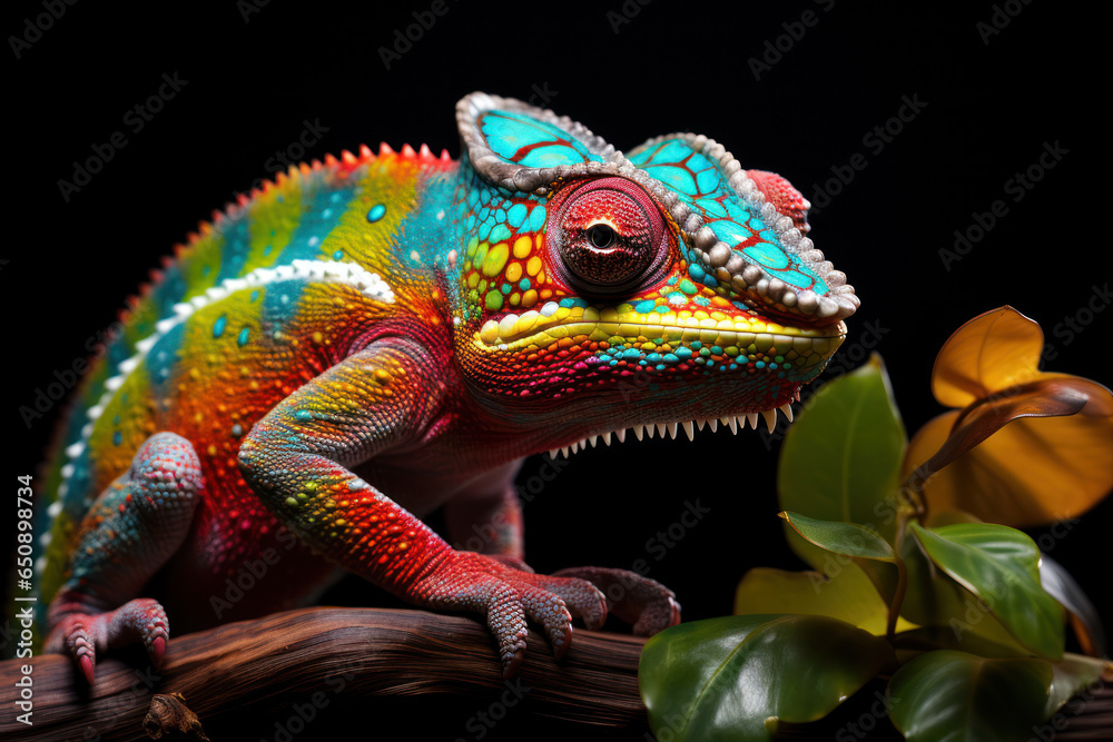 A cheeky chameleon showcasing an impressive rainbow of colors as it tries to blend in with various objects. Concept of chameleon camouflage. Generative Ai. A cheeky chameleon showcasing an impressive rainbow of colors as it tries to blend in with various objects. Concept of chameleon camouflage. Generative Ai.
