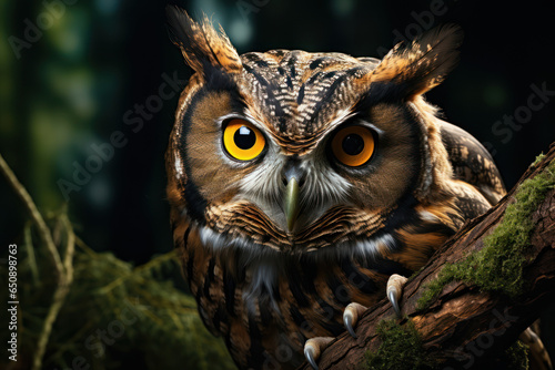 A curious owl perched on a branch, turning its head almost 180 degrees to give an exaggerated double take. Concept of owl surprise. Generative Ai. © Sebastian