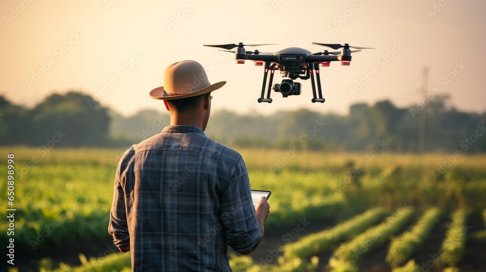 agricultural engineer piloting a drone to monitor in the field - obrazy, fototapety, plakaty 