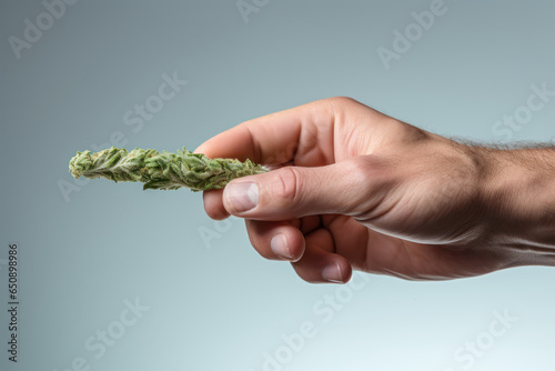 A person's hand reaching for a marijuana joint, illustrating the challenges of cannabis addiction. Generative Ai.