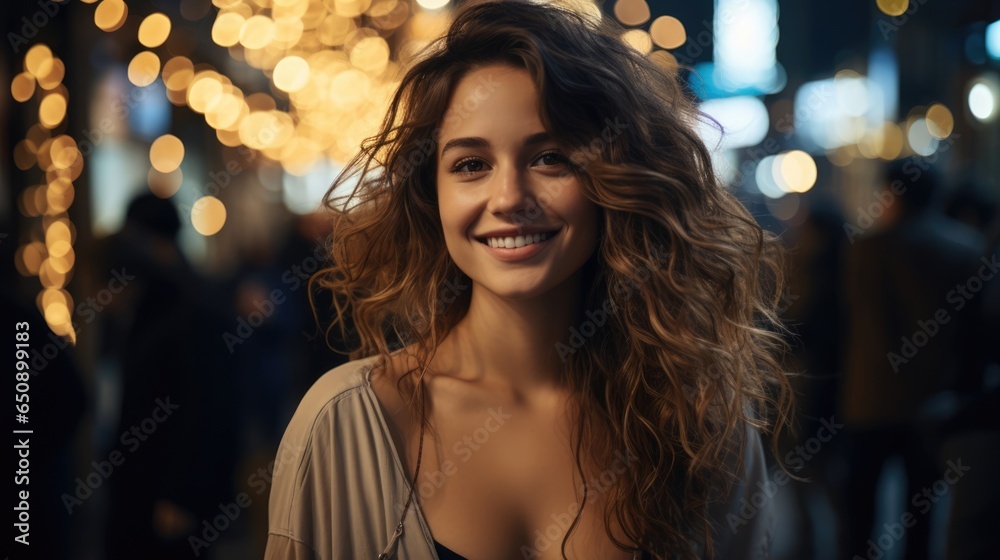 Young woman portrait on shoulder standing on city street in evening. In background there are city lights. Young woman portrait on shoulder standing on city street in evening. In background there are city lights.