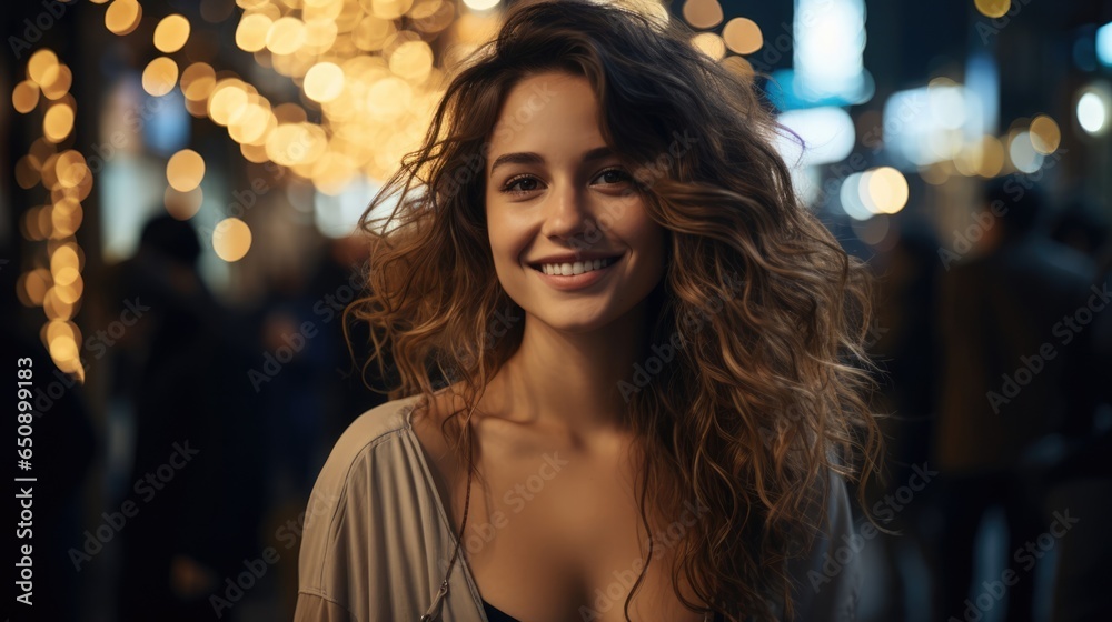 Young woman portrait on shoulder standing on city street in evening. In background there are city lights.