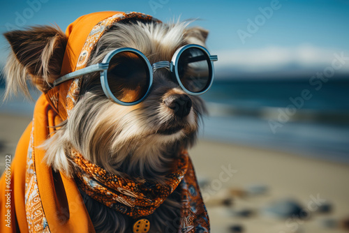 Generative AI image of adorable pet dog wearing with sunglasses looking away while sitting on blurred sandy beach with green bushes in sunlight photo