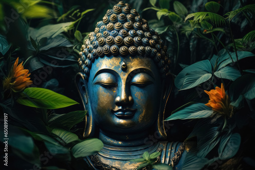 Generative AI illustration of stone Buddha sculpture with bright blooming flowers and greenery photo